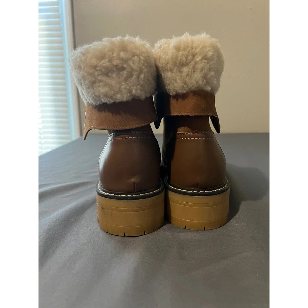 Time & Tru Womens Cognac Faux Shearling Hiking Boots‎ Brown Lug Sole Size 11W
